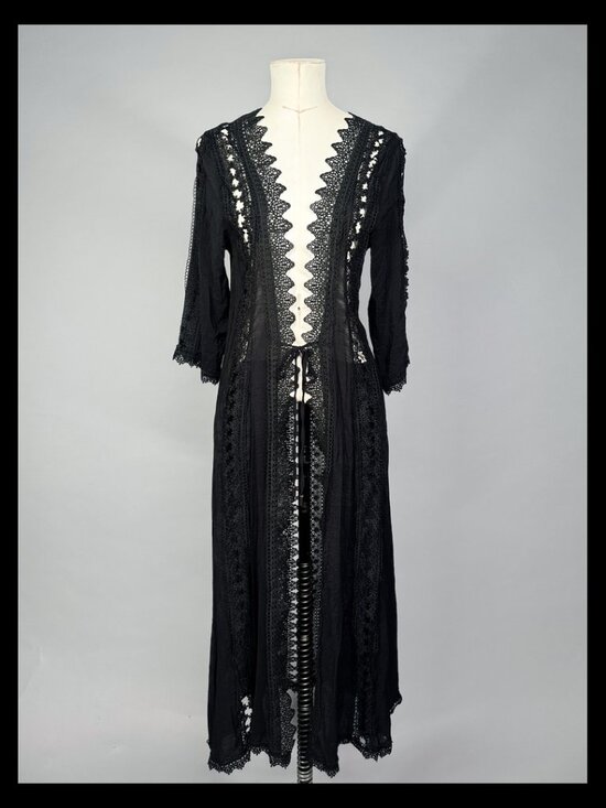 Sweaters - Black Sheer Gauze Guipure Lace Trim Duster Cover-Up Tie Front Size Small